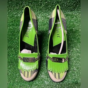 Dior Green Plaid Fringe Heels